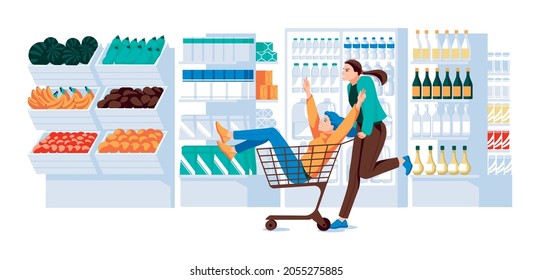 Two girls in a supermarket trolley ride in the supermarket. Showcases, refrigerator, shelves of goods, wooden boxes of vegetables and fruits. Flat vector illustration
