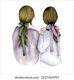 Two girls in sweaters and bows in their hair