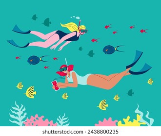 Two girls swim underwater in the sea with fins and masks. Relaxation on the coral sea, with fish. Diving vector illustration.