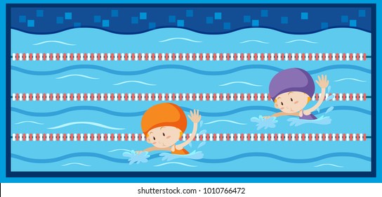 Two girls swimming in the pool illustration