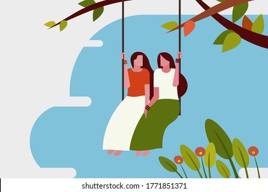 Two girls swinging in outdoor. Concept of Onam festival in Kerala, India