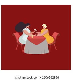Two girls at a table in a cafe with wine glasses. Valentine's Day. Love of two lesbian women 
brunette and blonde. Vector illustration of girlfriend in a restaurant. Red background.