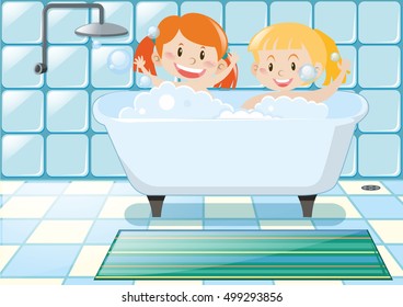 Two girls taking bubble bath illustration