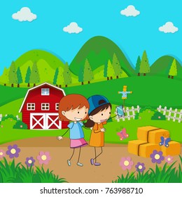 Two girls taking selfie in the farmyard illustration