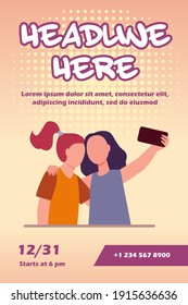 Two girls taking selfie on smartphone. Friend, phone, photo flat vector illustration. Friendship and digital technology concept for banner, website design or landing web page
