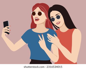 Two girls taking selfie posing cell smart phone photo. Two friends taking selfies. Friendship Day concept. Single line drawing design graphic vector illustration