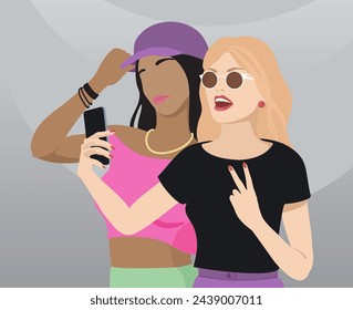 Two girls taking selfie posing cell smart phone photo. Friends taking selfies. Smiling Friends, sisters, girlfriends with different skin colors stand together. Vector illustration