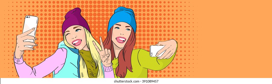 Two Girls Taking Selfie Posing Cell Smart Phone Photo Camera Pop Art Colorful Retro Style Vector Illustration