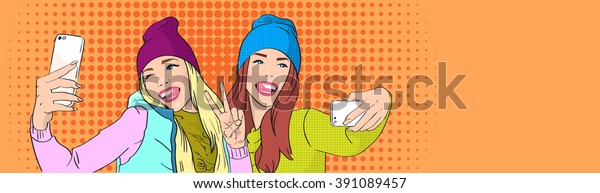 Two Girls Taking Selfie Posing Cell 库存矢量图（免版税）391089457 Shutterstock