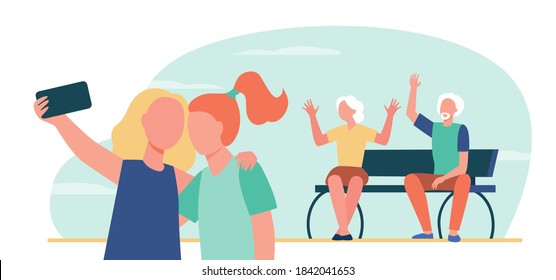 Two girls taking selfie together. Cheerful grandparents waving and posing in background flat vector illustration. Leisure, family, generation concept for banner, website design or landing web page