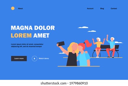Two girls taking selfie together. Cheerful grandparents waving and posing in background flat vector illustration. Leisure, family, generation concept for banner, website design or landing web page