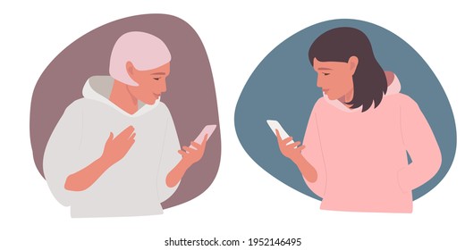 Two Girls Talk On Phone. Two Beautiful Women Are Texting Each Other. Flat Vector Illuctration. Two Cute Girls Holding Mobile Phone. Two Persons Cellphone Conversation Sending Messages