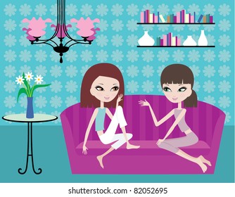 Two girls talk on a sofa. vector, color full, no gradient