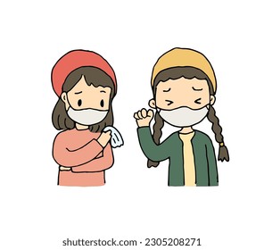 Two girls talking about illness, girl got sicked. Hand drawn style vector illustration.