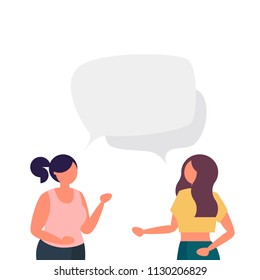 Two girls are talking or arguing. Speech bubbles with empty space for text. Two cartoon female characters. Advice, friendship concept. Vector illustration in simple and clear flat style.