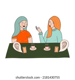 Two girls are talking in cafe over a cup of tea or coffee. Phones eavesdrop on the conversation. Listening technology. Colorful vector isolated illustration hand drawn