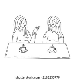 Two girls are talking in cafe over a cup of tea or coffee. Black and white vector isolated illustration hand drawn contour. Womens friendship, meeting