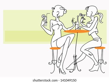 Two girls talking in the cafe at the table.