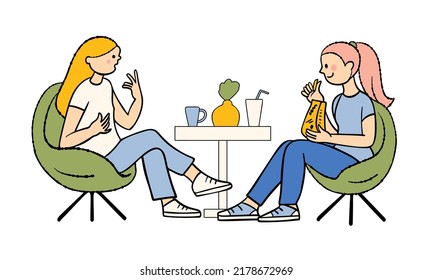 Two girls are talking in a cafe. Vector illustration