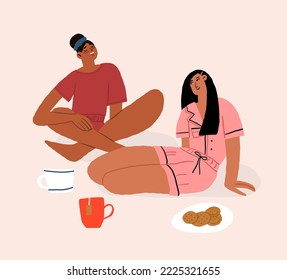 two girls are talking and drinking tea. Women friendship and communication. Flat vector illustration.