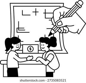 Two girls are talking to each other. One girl is holding a pencil and writing on a piece of paper