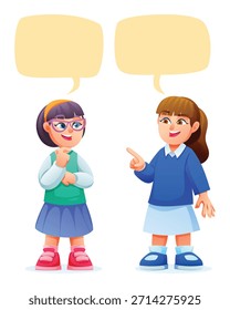 Dos chicas hablando y expresando ideas con burbujas de discurso, de pie y comunicándose. Aislado. Ilustración de personaje de dibujos animados de Vector