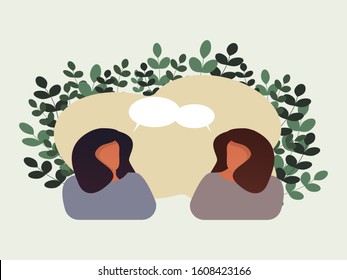 Two girls are talking. Flat cartoon character. Vector. Communication of girlfriends. Heart to heart conversations. 