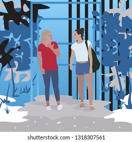 Two girls are talking. Flat style vector character illustration on blue background