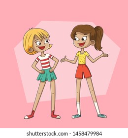 Two girls are talking. Hand drawn vector illustration.