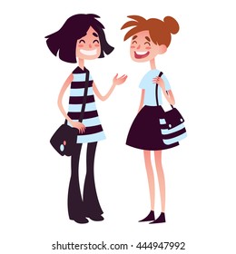 Two girls talking and laughing. Vector illustration of two girlfriends in flat style isolated on a white background. Friendship.