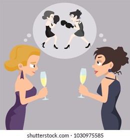 two girls talking politly while imaging fighting vector cartoon
