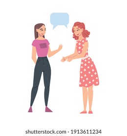 Dos niñas hablan con burbujas de voz, amigas o colegas haciendo piruetas, compartiendo impresiones con vectores de estilo de dibujos animados Ilustración