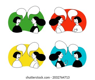 Dos chicas hablando con burbujas de habla. Conjunto de imágenes de vector de color.