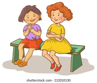 Two girls talking together on the GREEN bench.Conversation. Back to School. Speech bubble. Back to School children illustration. Separate Objects on white background. Education. VECTOR.