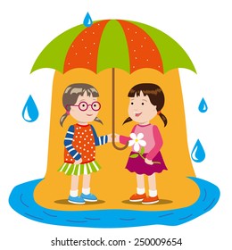 two girls talking under an umbrella