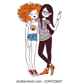 Two girls, teenagers, best friends. Isolated vector illustration.