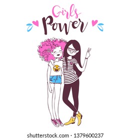 Two girls, teenagers, best friends. Isolated vector illustration for t-shirts prints, notebooks, greeting cards, etc. 