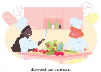 Two Girls Teenagers Making Salad Flat Cartoon Vector Illustration. Children Cutting Vegetables such as Tomatoes and Cucumbers with Knife. Bowl with Ingredients. Little Chefs in Kitchen.