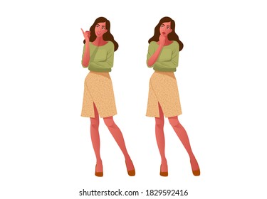 Two girls. Thinking and happy. Beautiful face, doubts, problems, thoughts, emotions. A curious woman questioning. Green color, eco, vegan, healthy eating concept. Fashion, outfit. Vector illustration