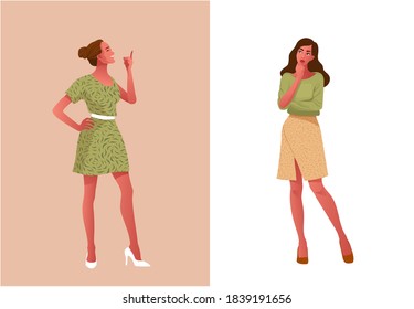 Two girls. Thinking and happy. Beautiful face, doubts, problems, thoughts, emotions. A curious woman questioning. Green color, eco, vegan, healthy eating concept. Fashion, outfit. Vector illustration