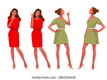 Two girls. Thinking and happy. Beautiful face, doubts, problems, thoughts, emotions. A curious woman questioning. Green color, eco, vegan, healthy eating concept. Fashion, outfit. Vector illustration