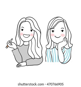 Two girls thinking vector illustration doodle style.