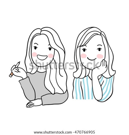 Two girls thinking vector illustration doodle style.