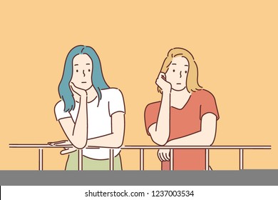 The two girls are thoughtful with their jaws leaning on the railing. hand drawn style vector design illustrations.