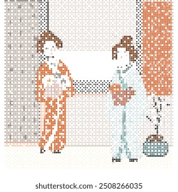 two  girls in  traditional East clothes stay in the room mosaic colorful vector illustration 