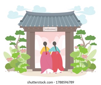 Two girls in traditional Korean costumes enter the old door. flat design style minimal vector illustration.