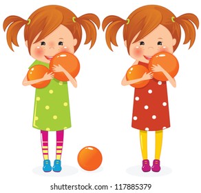 Two girls twins with orange ball