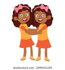 Two girls are twins. Sisters embrace. Kids on holiday. International Day of Hugs. Vector illustration in cartoon style.