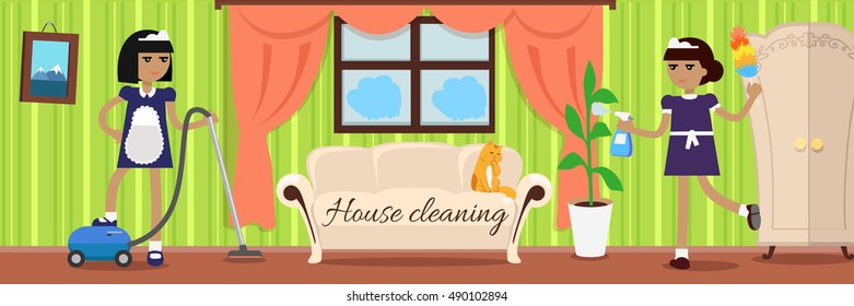 Two girls in uniform make cleaning in house