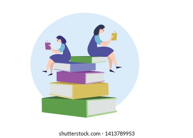 Two girls in uniform sits on a pile of book and read it.